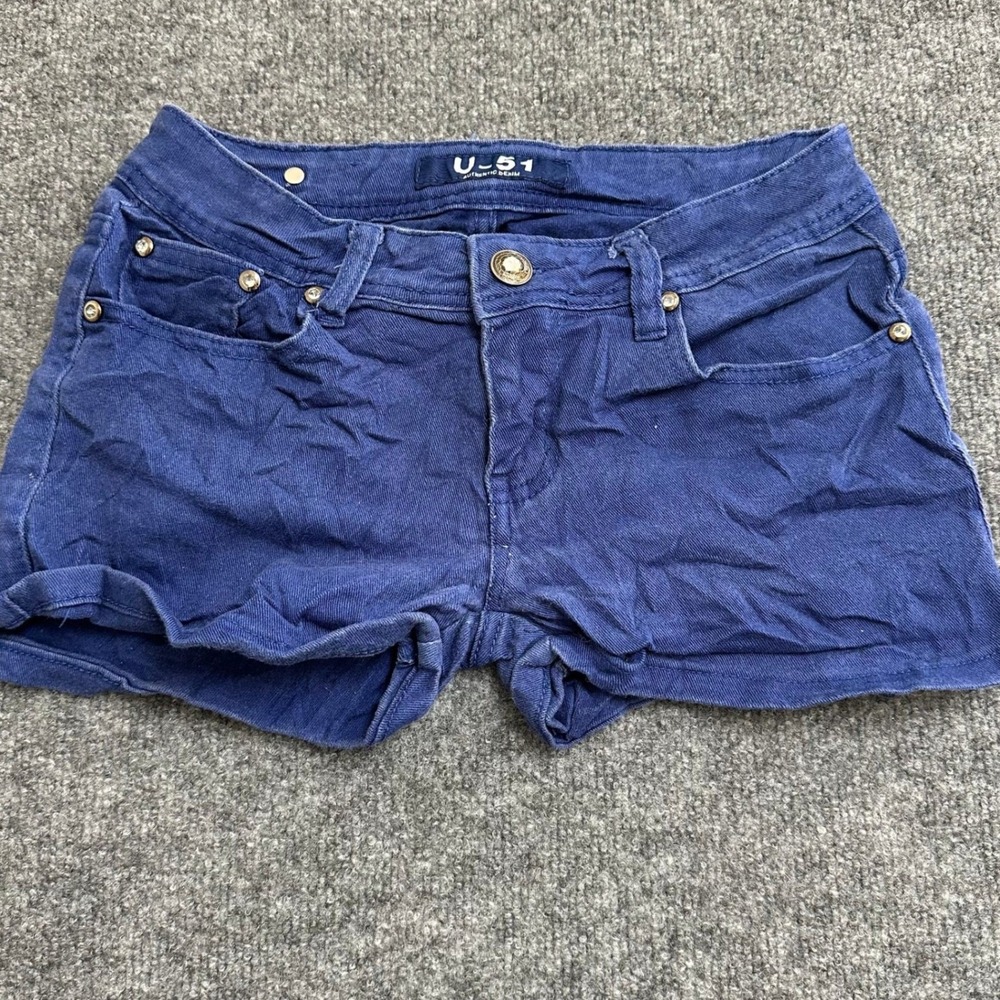 U-51 Denim Shorts Womens Size 3 Blue Rhinestone Accents Stretch Cuffed Casual